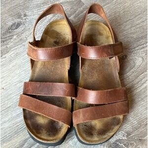 Naot Kayla Three Strap Wedge Sandals Brown Leather Womens 9 EU 40‎